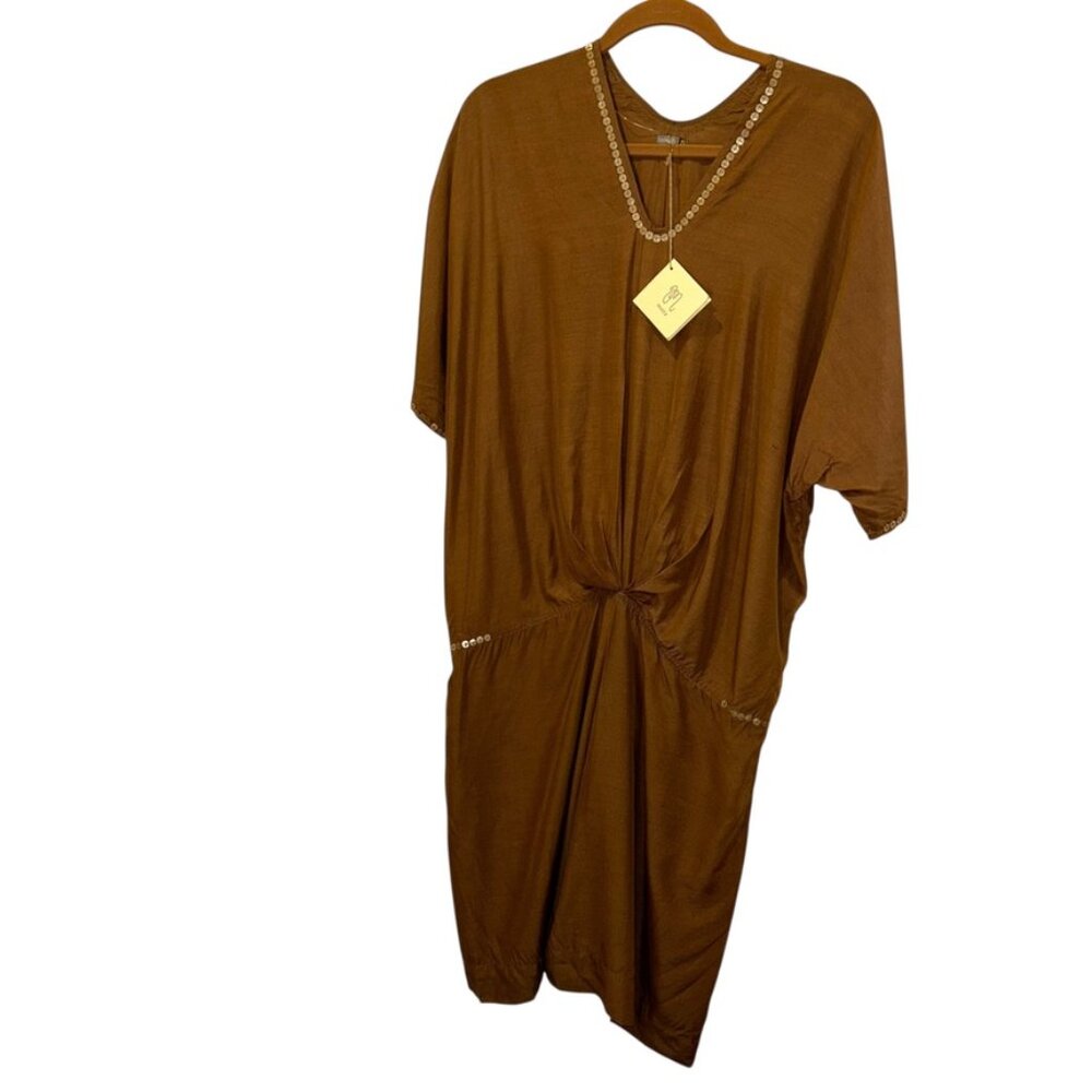 matta NEW NWT brown silk embellished gathered drop waist dress S